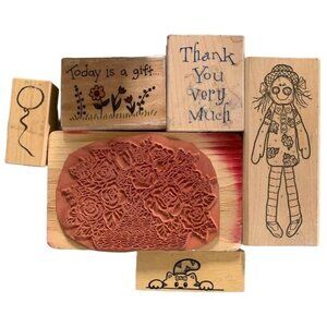 Rubber Stamp Lot Roses Doll Cat Balloon "Thank You" Crafting Set Bundle